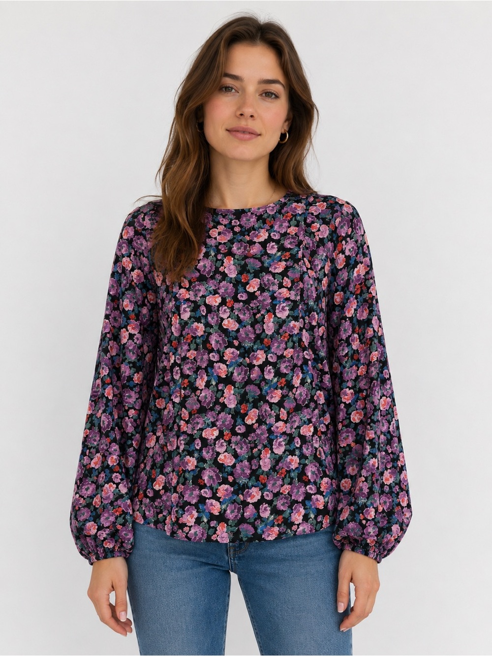 Orsay Floral Balloon Sleeve Blouse Black Purple Pink EU 36 US Small Romantic Top